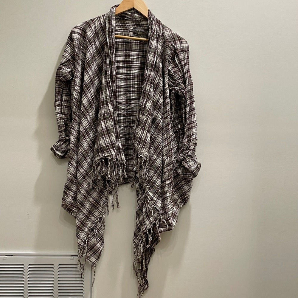 Natural Reflections Plaid Fringe Waterfall Cardigan‎ Womens XL Burgundy Olive